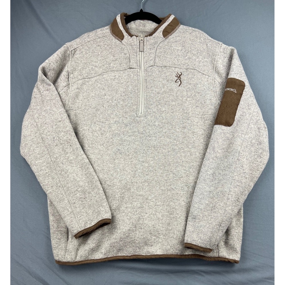 Browning Pullover Mens XL Quarter Zip Sweater Fleece Gray Brown Buckmark Logo EX